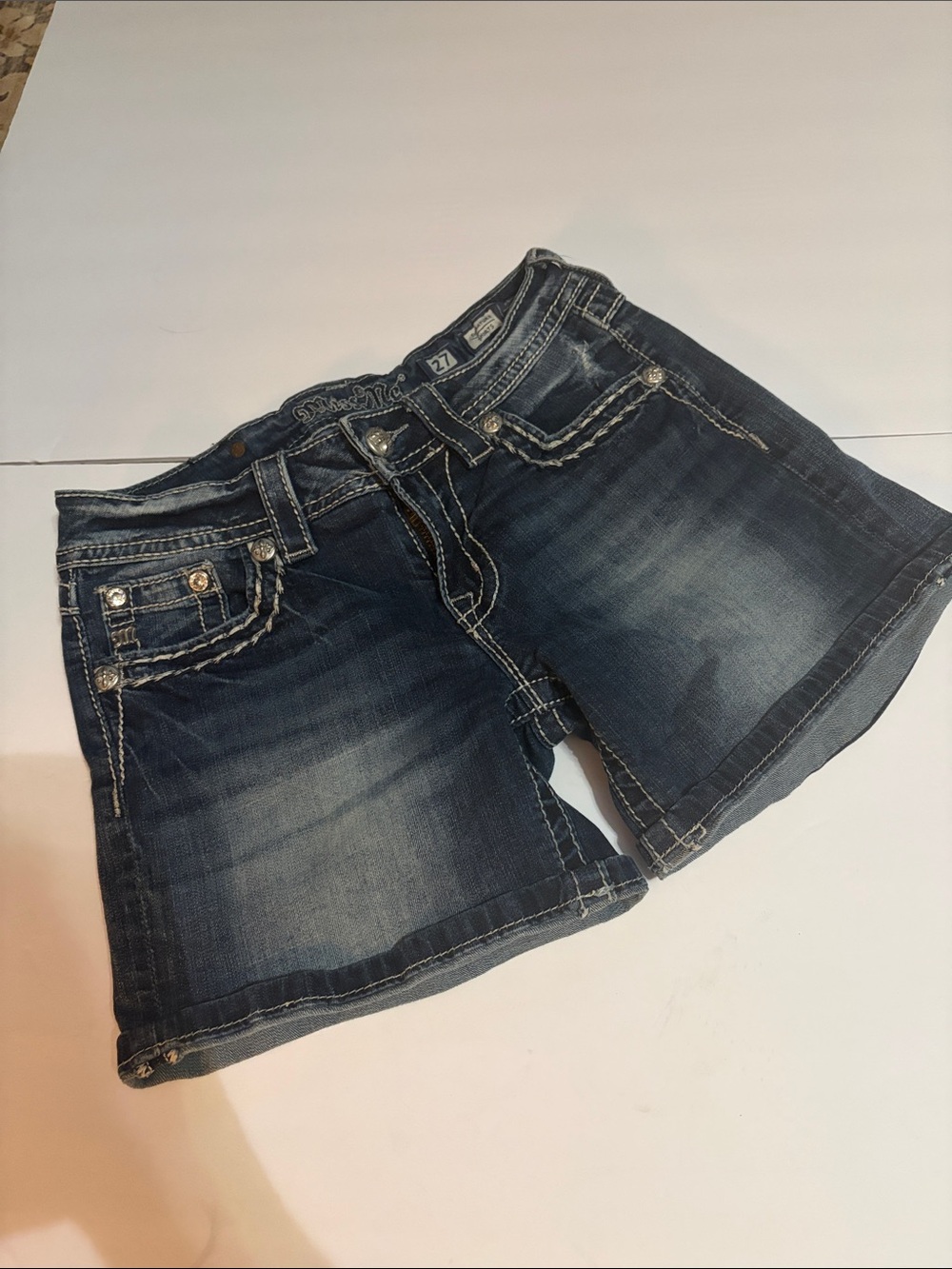 Miss Me Dark Blue Distressed Denim Shorts Size 27